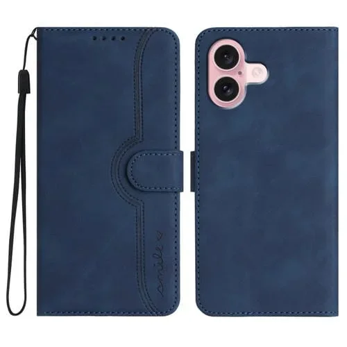 Funda de Cuero para iPhone 16 Sensación de Piel Patrón de Corazón (Azul Real)