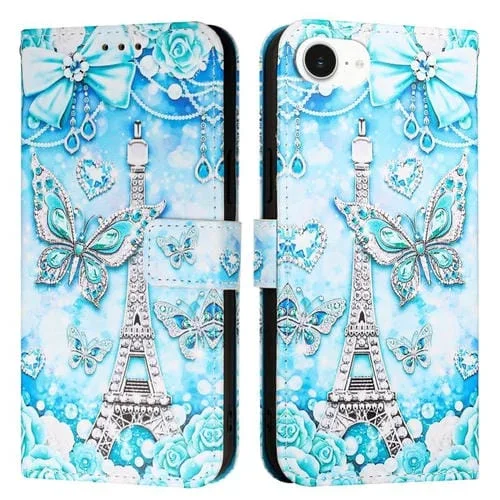 Funda de Cuero para iPhone 16E con Patrón de Dibujo de Colores Mariposa en Forma de Torre
