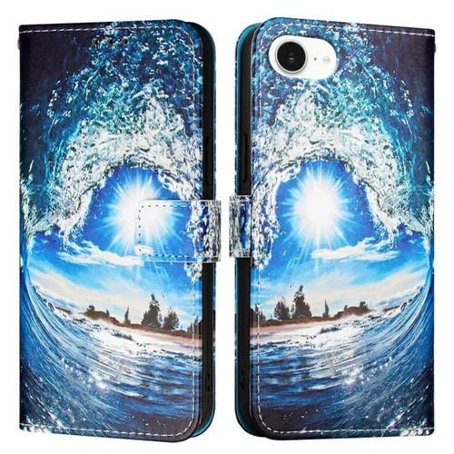 Funda de Cuero para iPhone 16E con Patrón de Dibujo de Colores (Ondas y Sol)