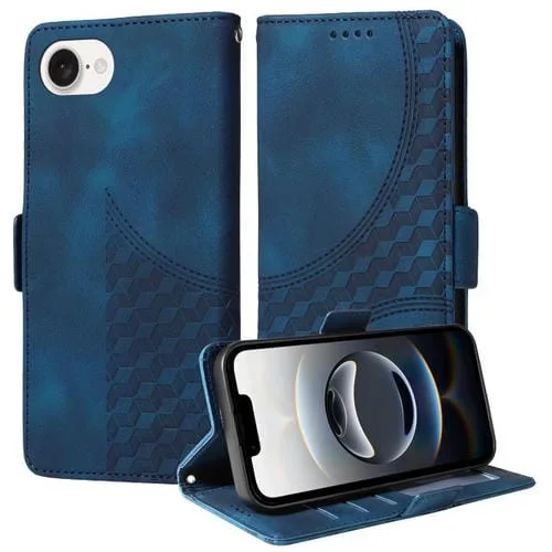 Funda de Cuero para iPhone 16E con Rombos en Relieve y Estrellas (Azul)