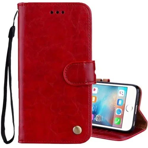 Funda de Cuero para iPhone 6 Plus y 6S Plus Business Style Oil Wax con Tapa Horizontal, Soporte, Ranuras para Tarjetas y Billetera (Rojo)