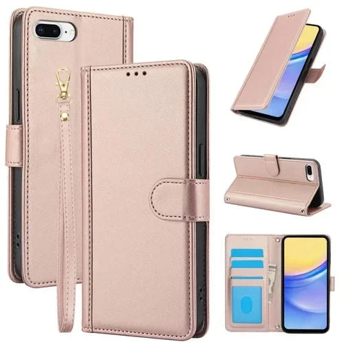 Funda de Cuero para iPhone 7 Plus 8 Plus con Ranuras para Tarjetas y Doble Cordón (Oro Rosa)