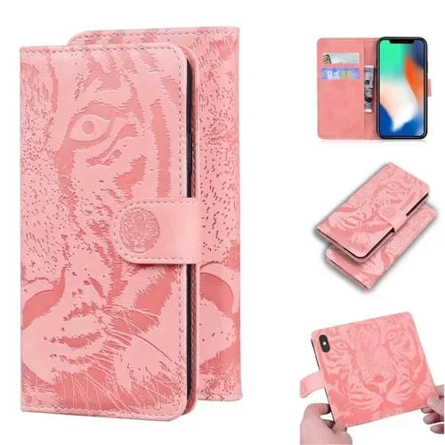 Funda de Cuero para iPhone X / Xs Tiger Embossing con Tapa Horizontal Soporte Ranuras y Billetera (Rosa)