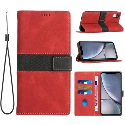 Funda de Cuero para iPhone Xr con Costuras en Cuadrícula y Cordón (Rojo)