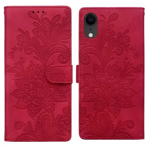 Funda de Cuero para iPhone Xr con Hebilla Magnética y Diseño Floral en Relieve (Rojo)