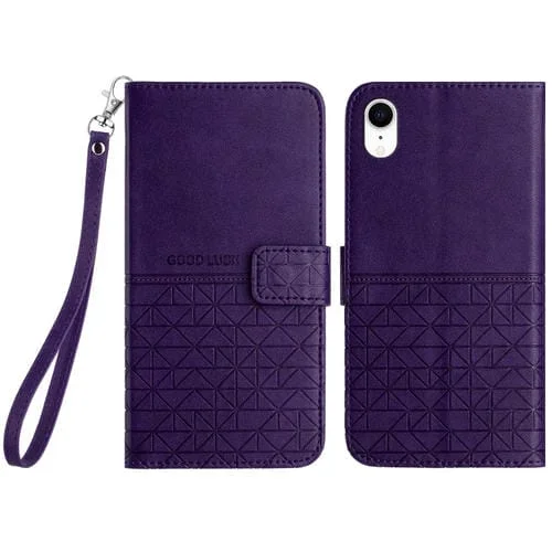 Funda de Cuero para iPhone Xr con Textura Rómbica y Cordón (Púrpura)