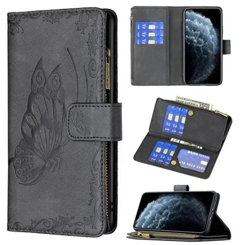 Funda de Cuero para iPhone Xr Flying Butterfly Patrón de Relieve con Cremallera Soporte Tragamonedas y Billetera (Negro)