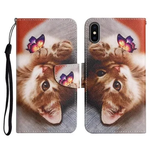 Funda de Cuero para iPhone Xs Max con Tapa Horizontal, Soporte, Ranura para Tarjeta y Billetera (Gato Mariposa)