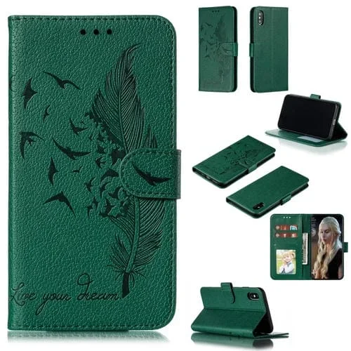 Funda de Cuero para iPhone Xs Max Feather Pattern con Tapa Horizontal Billetera Soporte y Ranuras para Tarjetas (Verde)