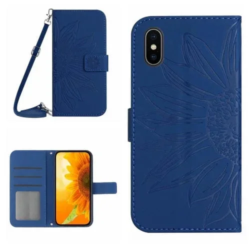 Funda de Cuero para iPhone Xs Max Skin Feel Sun Flower Pattern Flip con Cordón (Azul Oscuro)