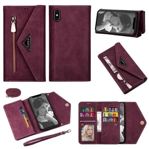 Funda de Cuero para iPhone Xs / X Skin Feel con Cremallera Horizontal Soporte Ranuras Tarjetas Marco Fotos Cordón (Rojo Vino)