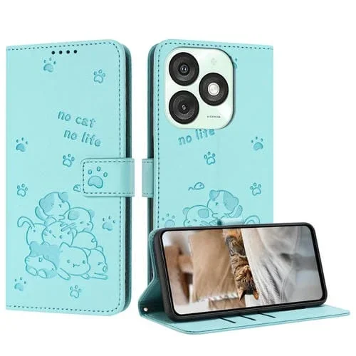 Funda de Cuero para Itel A50 con Diseño de Gatito en Relieve y Cordón (Verde Menta)