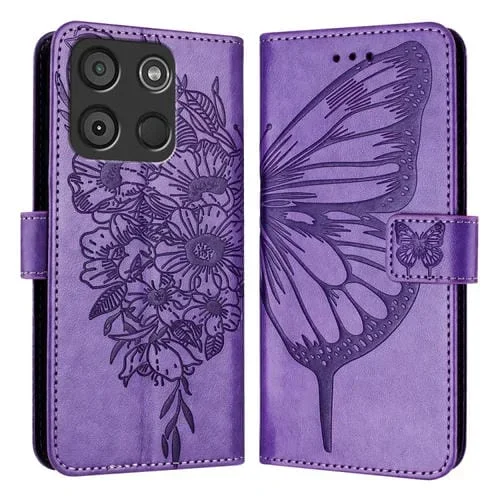 Funda de Cuero para Itel A60 / A60S con Mariposa en Relieve (Púrpura Claro)
