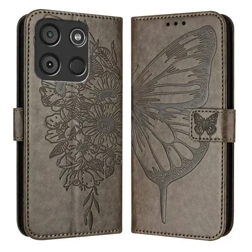 Funda de Cuero para Itel A60 y A60S con Mariposa en Relieve (Gris)