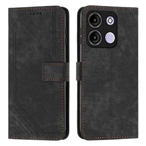 Funda de Cuero para Itel A60S Skin Feel con Patrón de Rayas y Cordón (Negro)