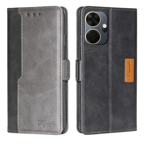 Funda de Cuero para Itel P55 + 4G con Hebilla Lateral y Color en Contraste (Negro + Gris)