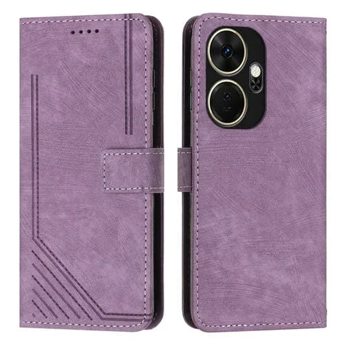 Funda de Cuero para Itel P55 con Patrón de Rayas y Cordón (Púrpura)