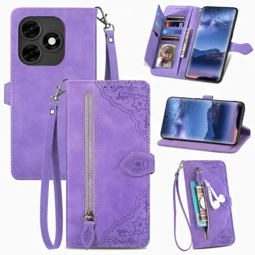 Funda de Cuero para Itel S23 con Cremallera y Flores en Relieve (Púrpura)