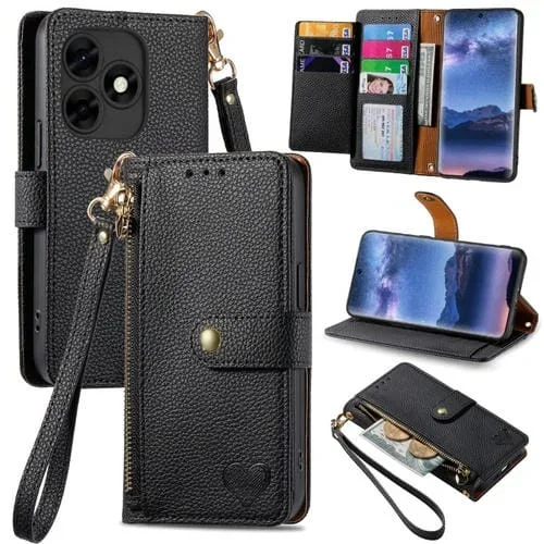 Funda de Cuero para Itel S23 con Love Zipper Lanyard para Teléfono (Negro)