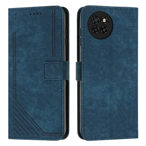 Funda de Cuero para Itel S23 con Patrón de Rayas y Cordón (Azul)