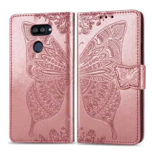Funda de Cuero para LG K40S Butterfly con Tapa Horizontal, Soporte, Ranura para Tarjeta y Cordón (Oro Rosa)