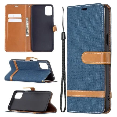 Funda de Cuero para LG K42 con Textura de Mezclilla, Soporte, Ranuras para Tarjetas y Cordón (Azul Oscuro)