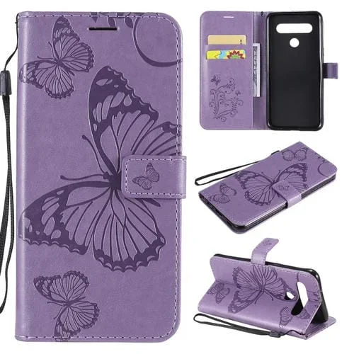 Funda de Cuero para LG K61 3D Mariposa en Relieve con Tapa Horizontal, Soporte, Ranura para Tarjeta, Billetera y Cordón (Púrpura)