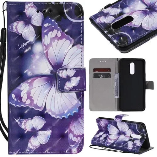 Funda de Cuero para LG Stylo 5 con Tapa Horizontal, Patrón 3D, Billetera, Soporte, Ranuras y Cordón (Mariposa Morada)