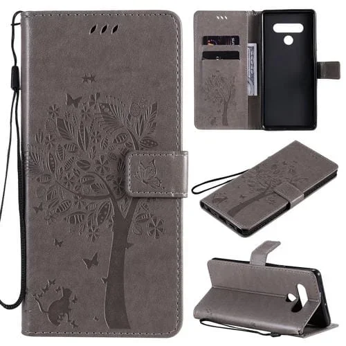 Funda de Cuero para LG Stylo 6 con Tapa Horizontal, Patrón Árbol y Gato, Soporte, Ranuras para Tarjetas, Billetera y Cordón (Gris)