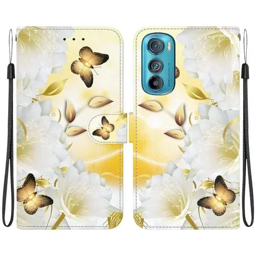 Funda de Cuero para Motorola Edge 30 con Dibujo Coloreado y Textura de Cristal (Epiphyllum de Mariposa Dorada)
