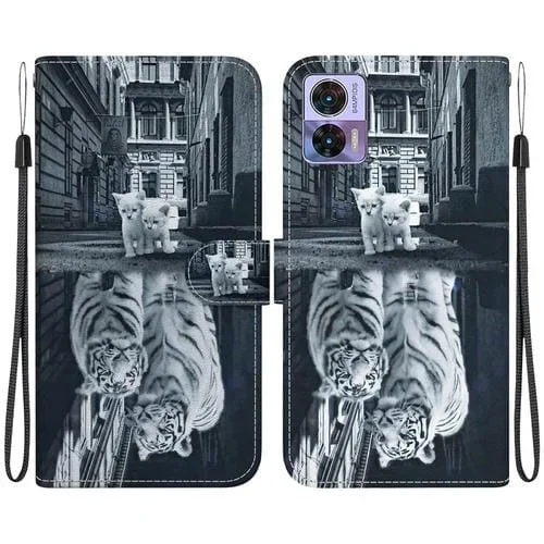 Funda de Cuero para Motorola Edge 30 Neo y 30 Lite con Dibujo Coloreado y Textura de Cristal (Reflejo de Tigre Gato)