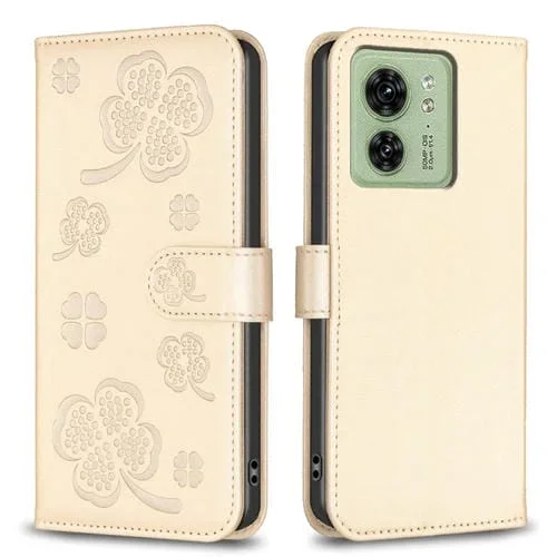 Funda de Cuero para Motorola Edge 40 5G con Relieve de Cuatro Hojas (Dorado)
