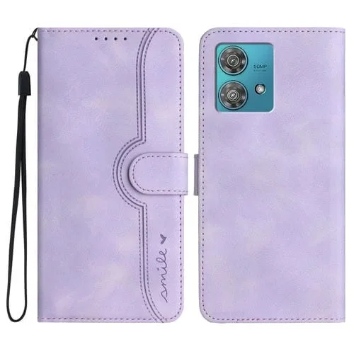 Funda de Cuero para Motorola Edge 40 Neo 5G con Sensación de Piel y Patrón de Corazón (Púrpura)