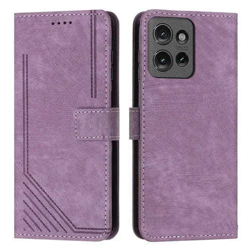 Funda de Cuero para Motorola Edge 50 con Diseño de Rayas y Cordón (Morado)