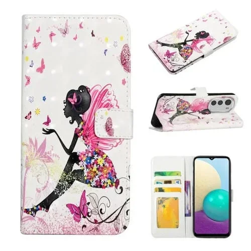 Funda de Cuero para Motorola Moto E32 con Dibujo 3D en Relieve al Óleo (Hada de Flores)