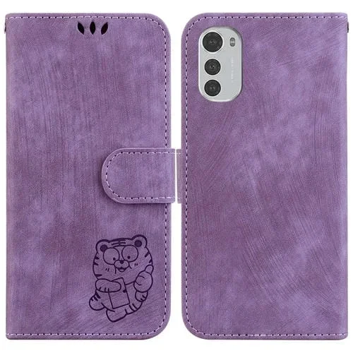 Funda de Cuero para Motorola Moto E32 Little Tiger en Relieve (Púrpura)