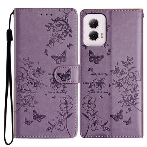 Funda de Cuero para Motorola Moto G Power 5G con Mariposas y Flores (Púrpura)
