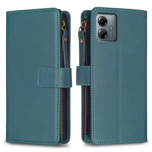 Funda de Cuero para Motorola Moto G14 4G con 9 Ranuras para Tarjetas y Cremallera (Verde)