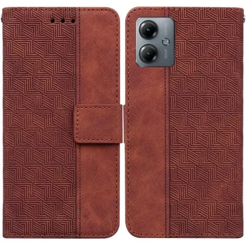 Funda de Cuero para Motorola Moto G14 con Relieve Geométrico (Marrón)