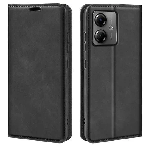 Funda de Cuero para Motorola Moto G14 con Succión Magnética de Piel Retro (Negro)