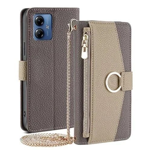 Funda de Cuero para Motorola Moto G14 Crossbody con Textura Litchi (Gris)