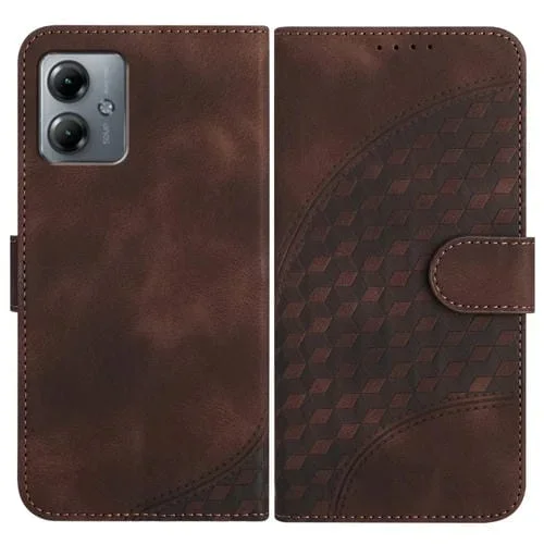 Funda de Cuero para Motorola Moto G14 Yx0060 con Relieve y Cabeza de Elefante con Cordón (Café)