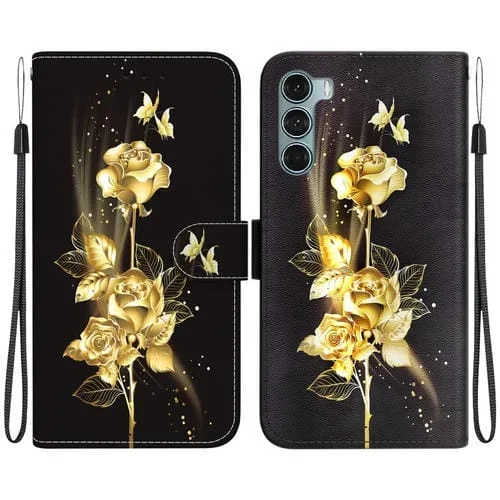 Funda de Cuero para Motorola Moto G200 5G con Dibujo Coloreado y Textura de Cristal (Mariposa Dorada Rosa)