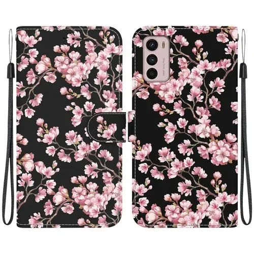Funda de Cuero para Motorola Moto G42 con Dibujo Coloreado y Textura de Cristal (Flor de Ciruelo)