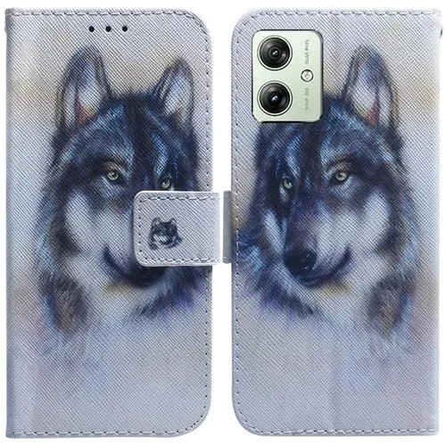 Funda de Cuero para Motorola Moto G54 con Tapa y Dibujo Coloreado (Lobo Blanco)