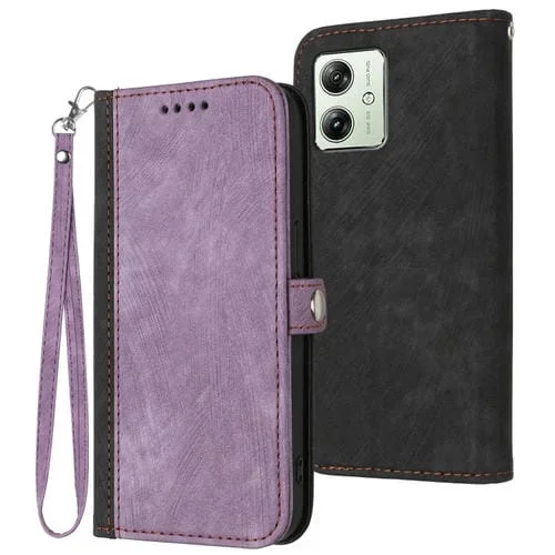 Funda de Cuero para Motorola Moto G54 Global con Hebilla Lateral y Correa de Mano (Púrpura)