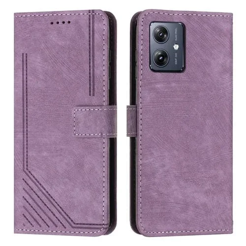 Funda de Cuero para Motorola Moto G54 Skin Feel con Patrón de Rayas y Cordón (Púrpura)