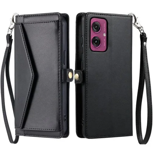 Funda de Cuero para Motorola Moto G55 con Ranura para Tarjetas y Cordón (Negro)