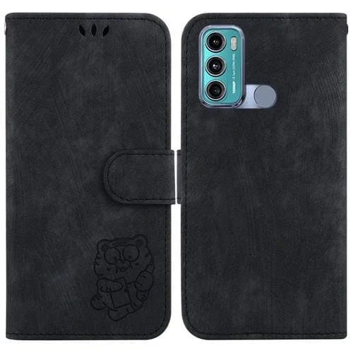 Funda de Cuero para Motorola Moto G60 y G40 Fusion Little Tiger en Relieve (Negro)