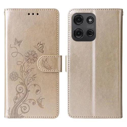 Funda de Cuero para Motorola Moto G75 5G con Diseño de Mariposas y Flores en Relieve (Dorada)
